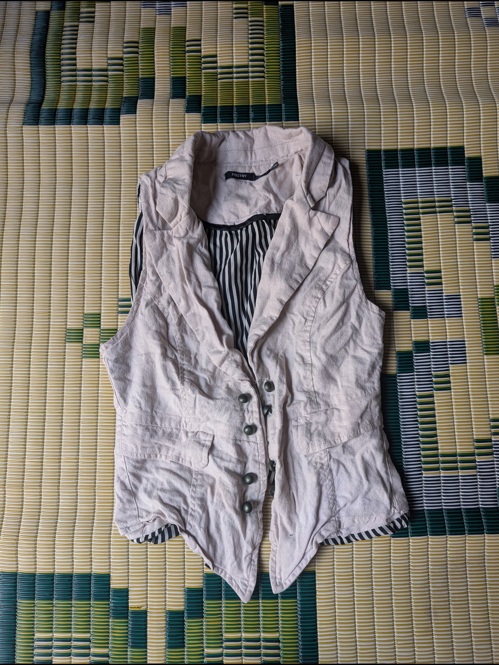 Bundle 3/$20 Light Grey Linen-Blend Button Vest with Striped Lining
